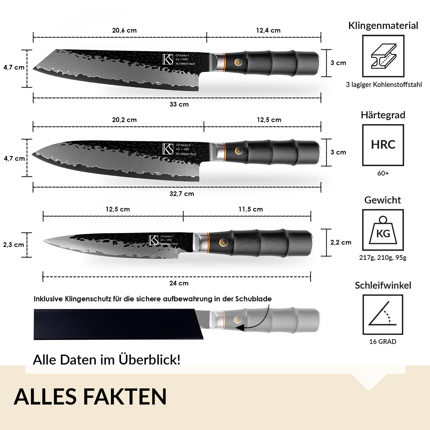 3pcs CP-Series Kochmesserset
