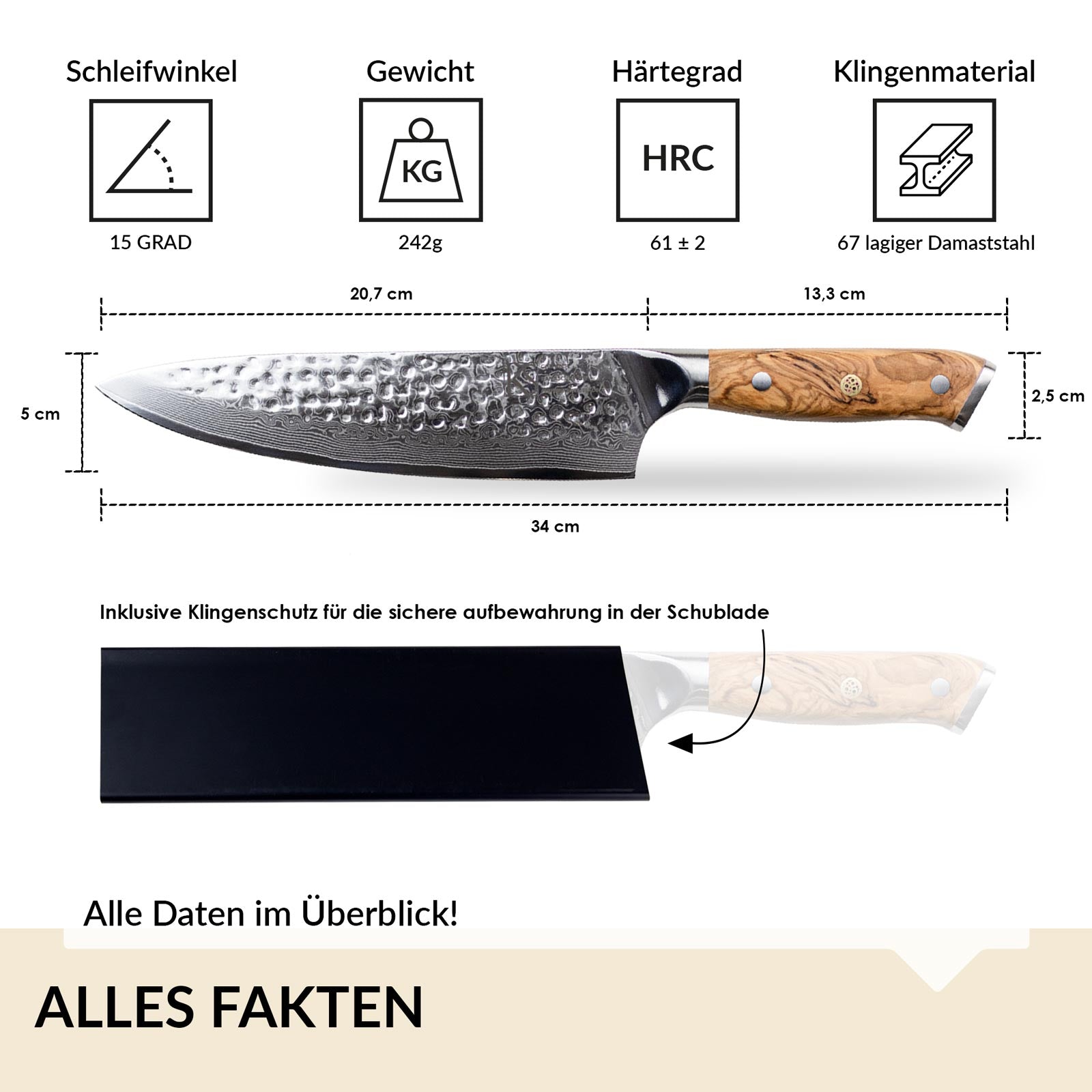 [B-Ware] Damastmesser mit Olivenholzgriff